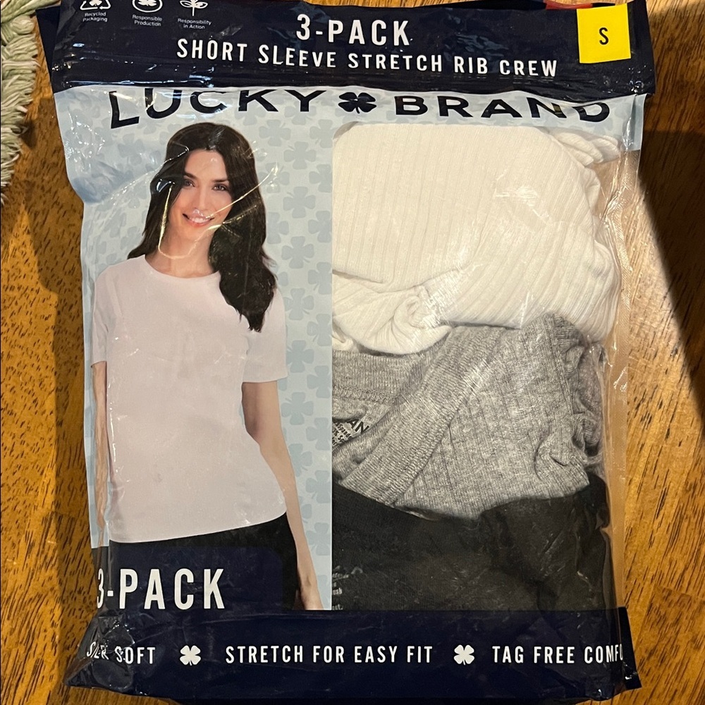 Lucky Brand Short Sleeve Ribbed Crew 3-Pack - White, Gray, Black